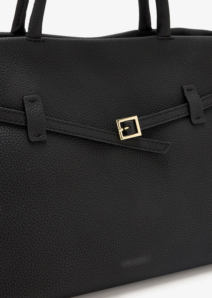 Grained Calfskin Belt Buckle Expandable Leather Tote Bag