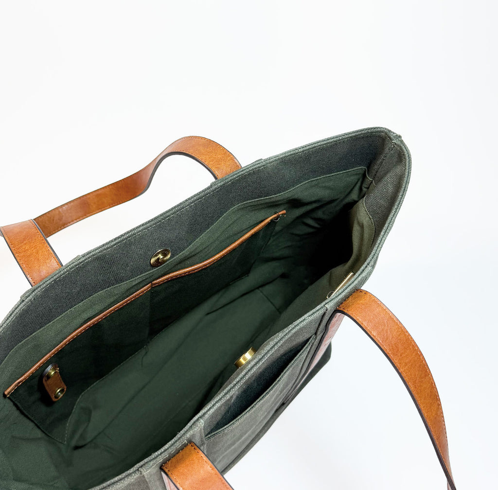Heavy Waxed Canvas Structured Tote Bag With Vegan Leather Handles