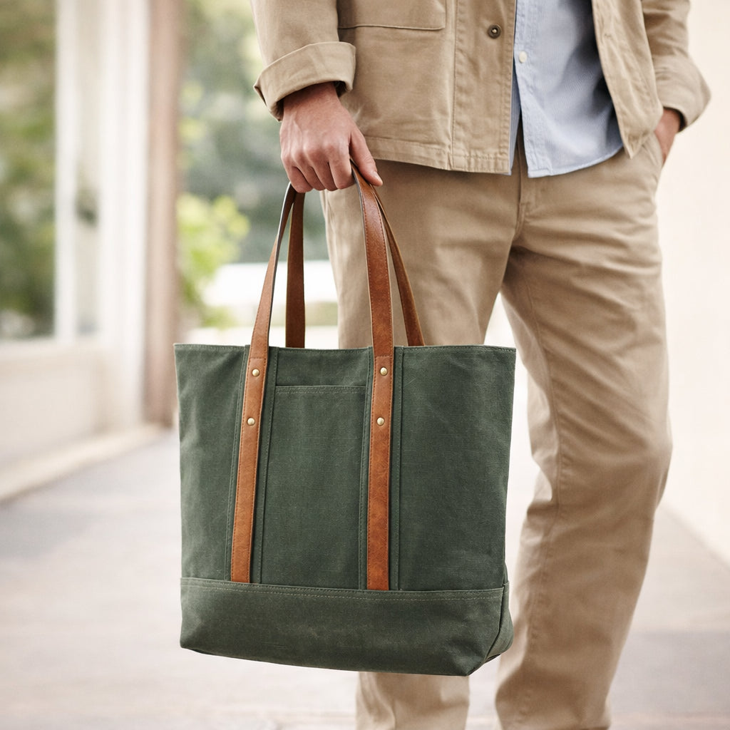 Heavy Waxed Canvas Structured Tote Bag With Vegan Leather Handles