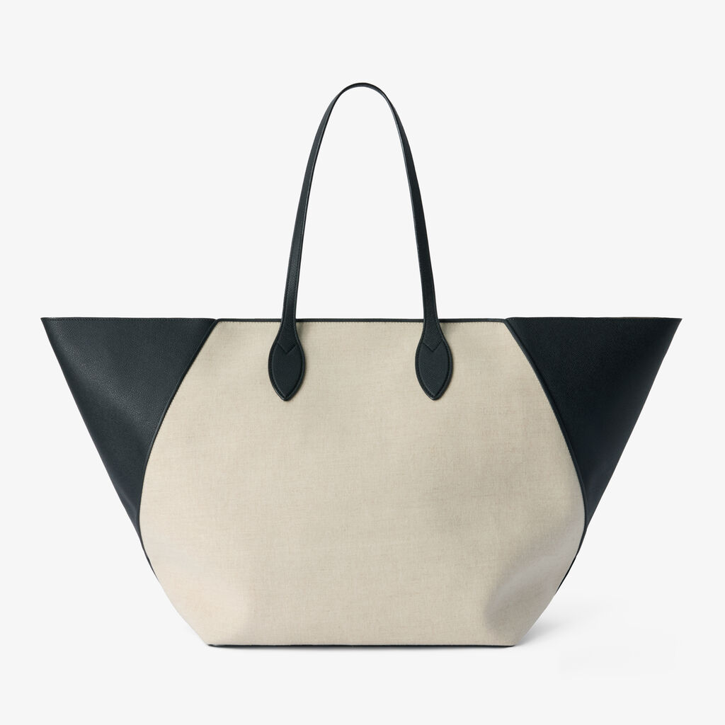 Natural Canvas Foldable Expandable Leather Trim Large Shopping Tote Bag