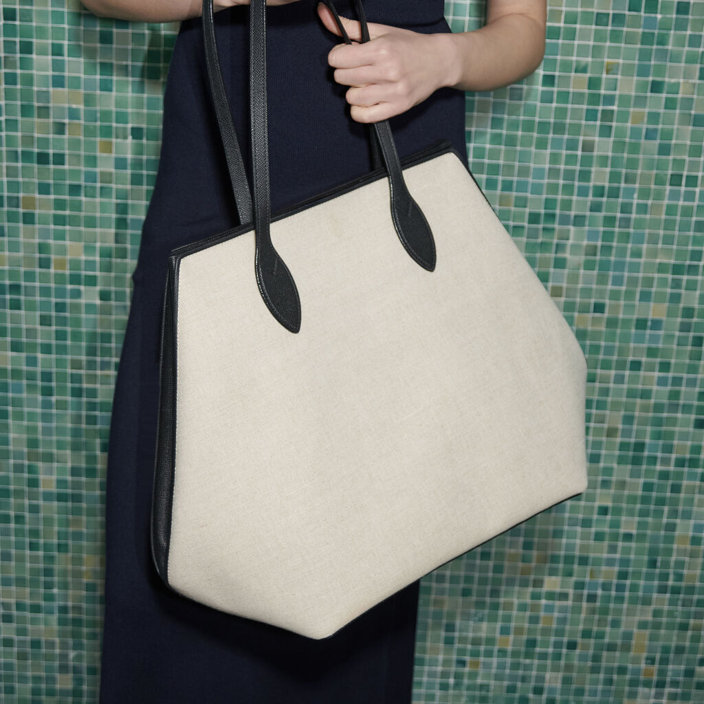 Natural Canvas Foldable Expandable Leather Trim Large Shopping Tote Bag