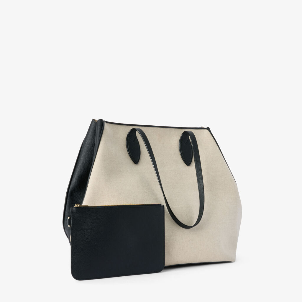 Natural Canvas Foldable Expandable Leather Trim Large Shopping Tote Bag